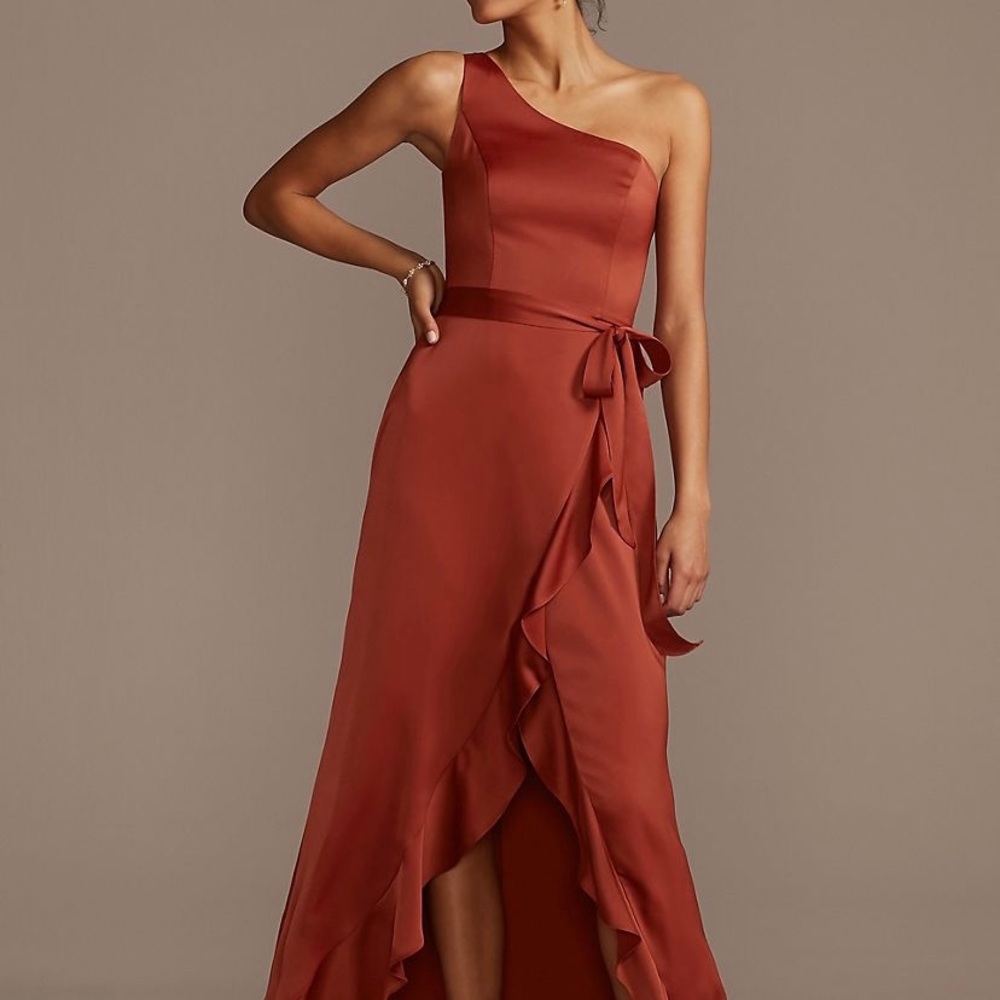 Cinnamon satin one-shoulder bridesmaids dress